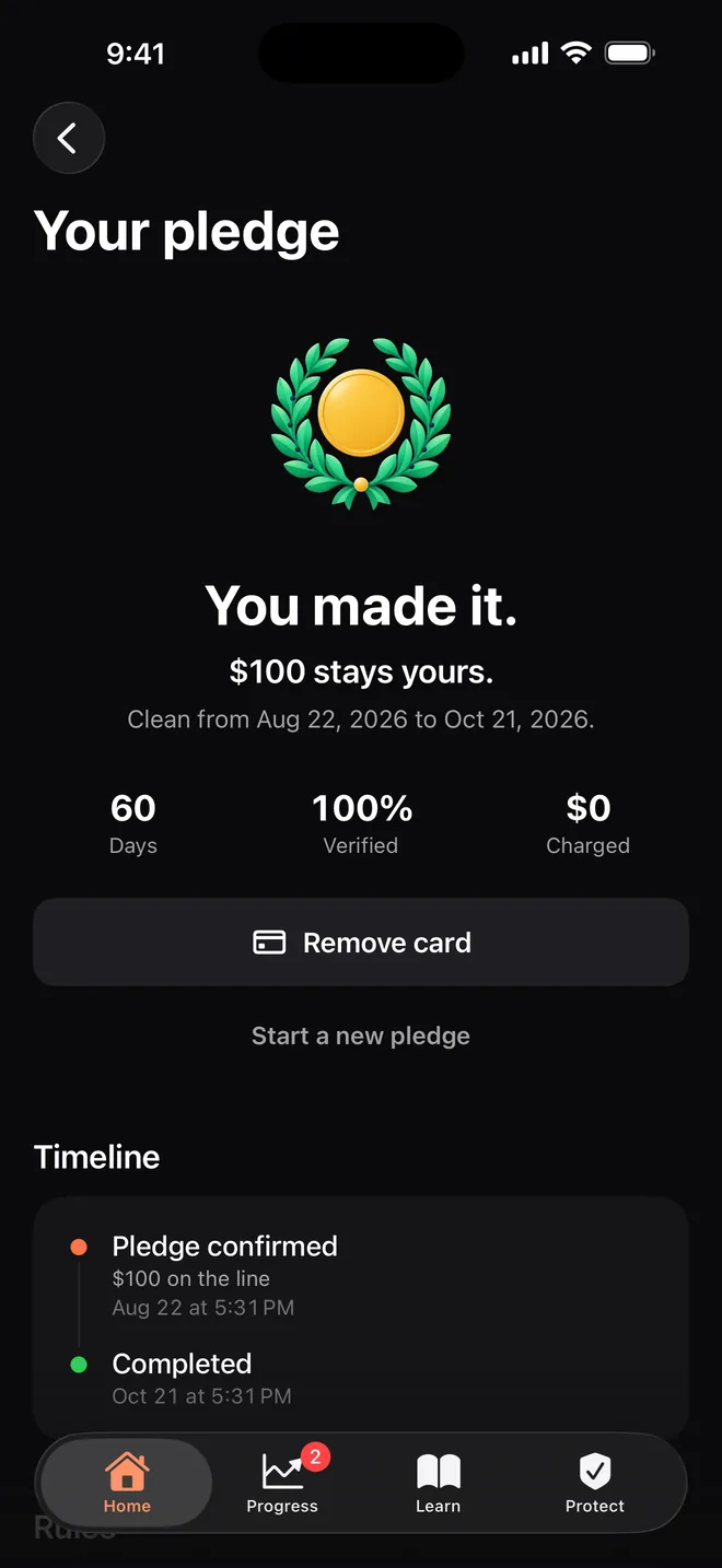 A completed pledge: You made it. 100 dollars stays yours.